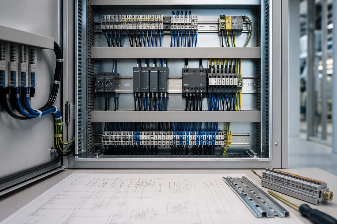 Moderner Schaltschrank mit präzise aufgebauter Elektro- und Automatisierungstechnik
